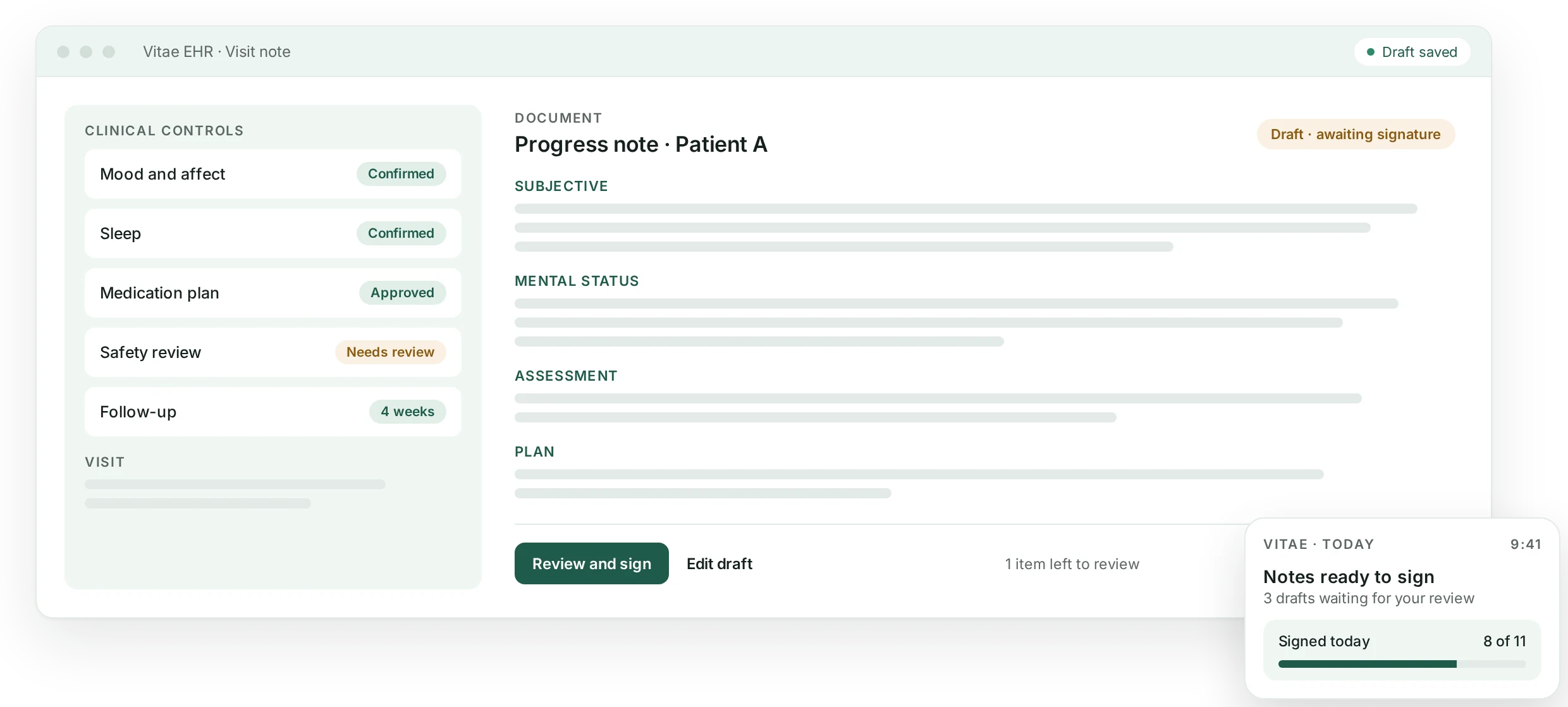 Illustration of a Vitae EHR visit note in review, with clinical controls confirmed and a draft waiting for the clinician’s signature.